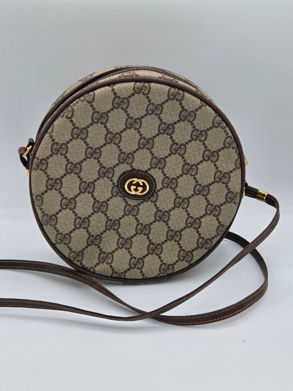 Gucci Vintage GG Supreme Round Crossbody Bag | Brown & Beige | Authentic